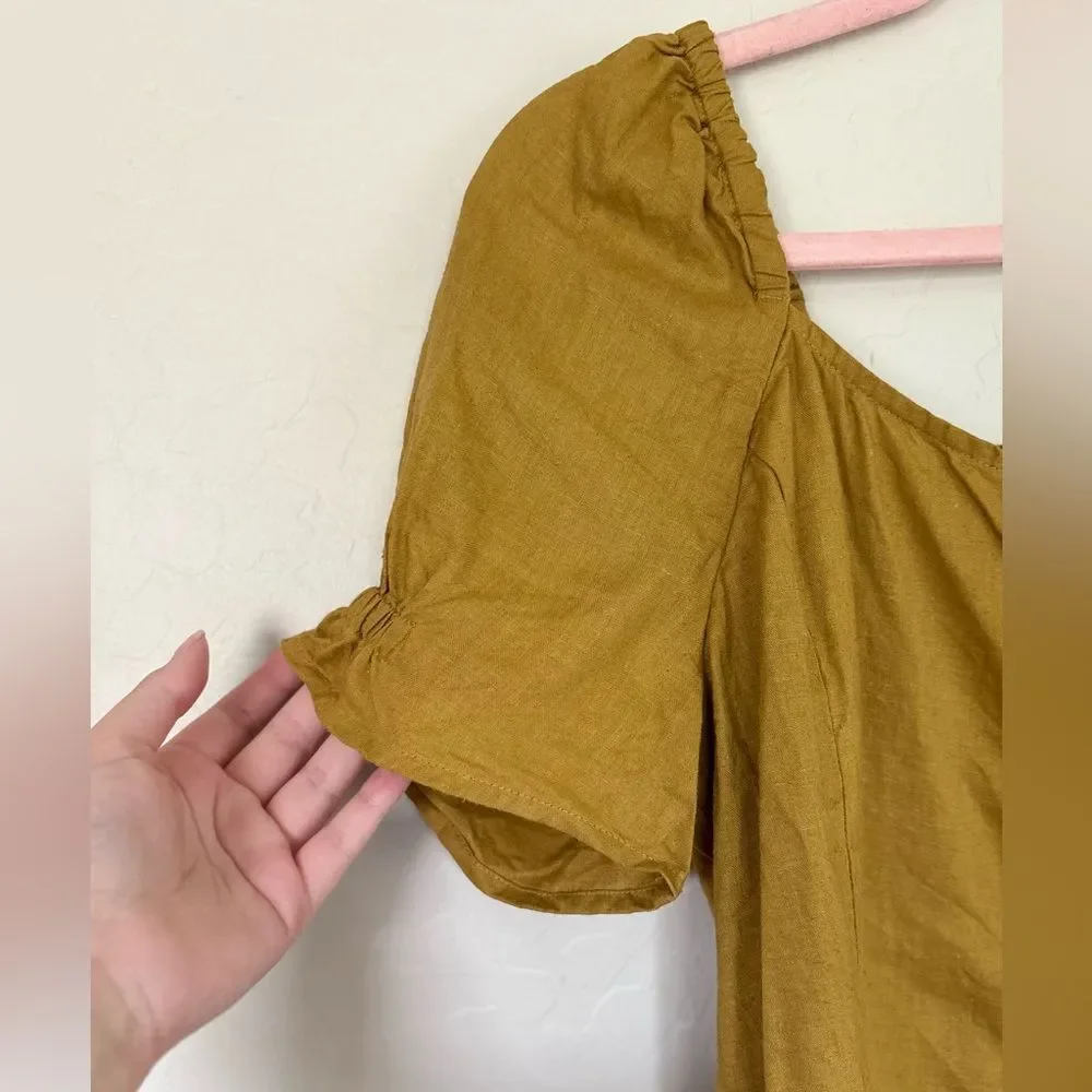 Madewell Button Front Smocked Back Hemp Puff Sleeve Top Bronze Yellow Size 6